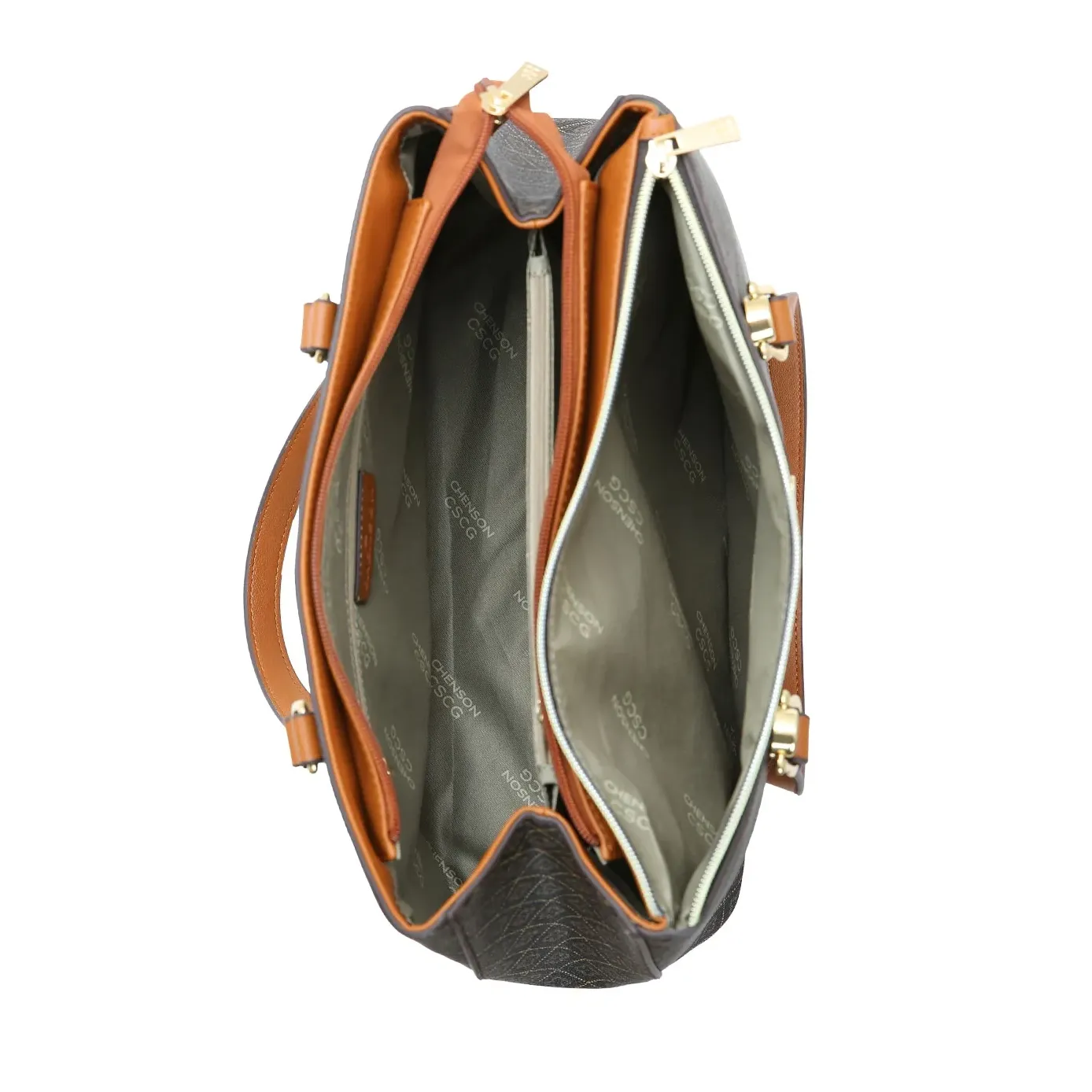Interior da bolsa feminina Chenson ombro Monograma mostrando compartimentos e forro cinza